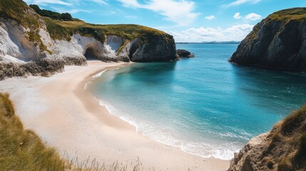 Obraz premium Serene coastal landscape featuring a tranquil beach surrounded by cliffs under a bright blue sky