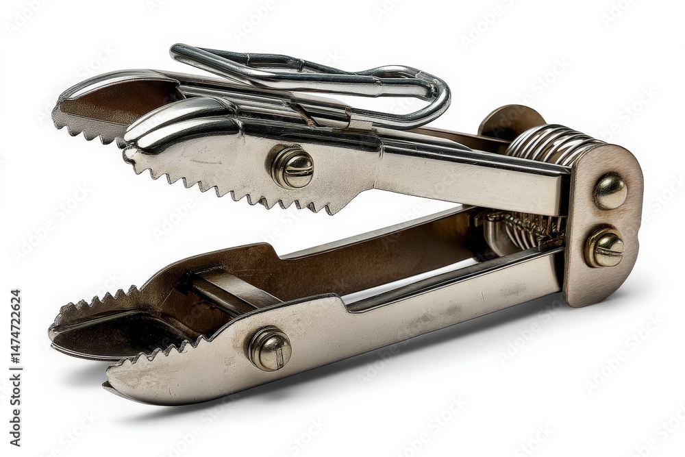 Poster unique multipurpose metal tool with gripping jaws and spring mechanism used in various applications