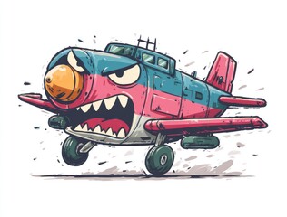 Cartoon airplane, angry expression, vibrant colors, dynamic pose,  wartime style