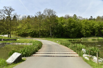 Passage avec lignes entre deux étangs au domaine provincial de Chevetogne à Ciney 