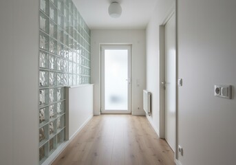 A bright hallway with glass block wall and white door leading to outside with wooden floor view
