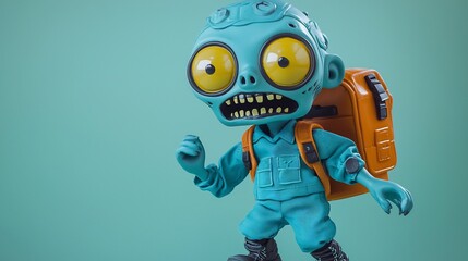 Fototapeta premium Cartoon Zombie Hiking Teal Background
