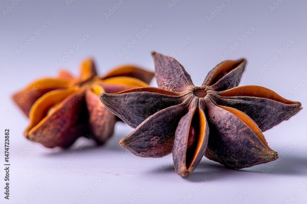 Poster Star anise pods displayed on a soft background showcasing their unique star-shaped structure and rich color tones