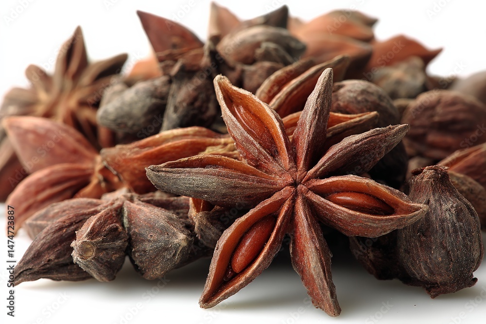 Poster star anise pods arranged on a white background highlighting their unique star-shaped appearance and 