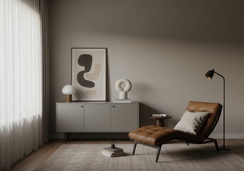 Interior view of a room with a leather chaise lounge cabinet and abstract art in a minimalist design