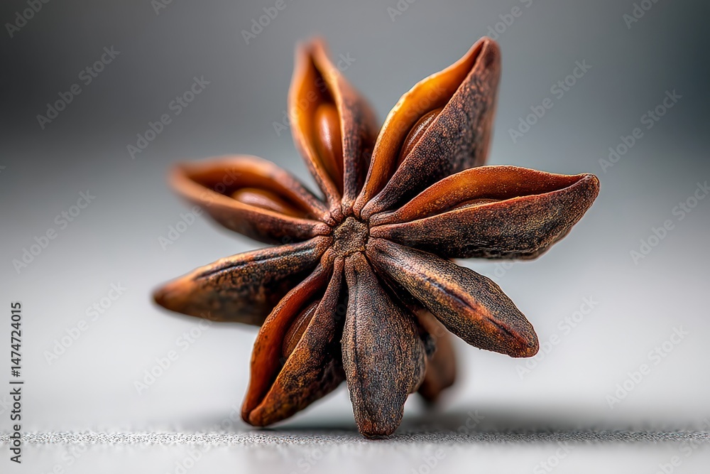 Poster Close-up view of star anise spice highlighting its unique shape and texture on a neutral background at midday