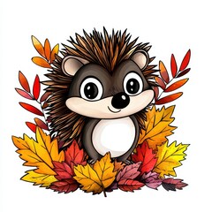 Fototapeta premium Adorable Cartoon Hedgehog Among Autumn Leaves