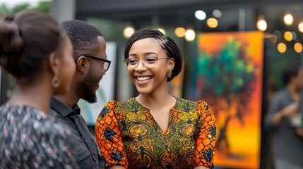 Happy woman smiling and engaging in conversation with a man in a social environment