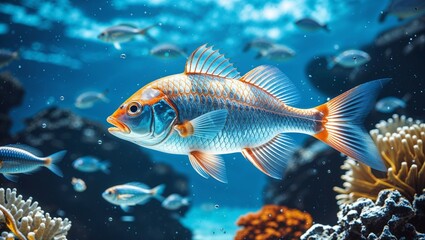Naklejka premium Goldfish and tropical fish swim in a vibrant blue aquarium, isolated underwater