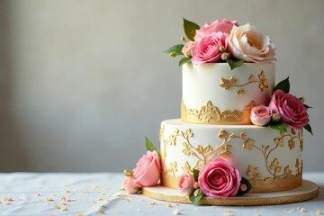 Elegant wedding cake with fresh flowers, gold accents, and intricate details , pastry, deliciousness