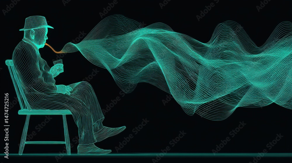 Poster technology style whit net glowing wave,glowing line glow wave,glow line , sad senior man drinking al