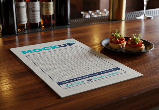 Food Menu Flyer on Bar with Tapas Mockup