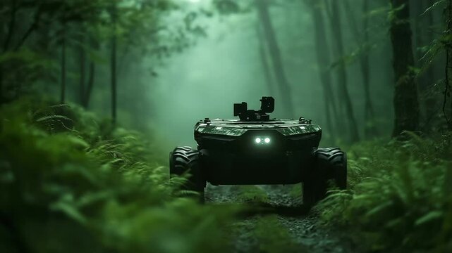 A high-tech, military-style autonomous rover carefully navigating through a thick foggy forest, using infrared sensors to detect obstacles.