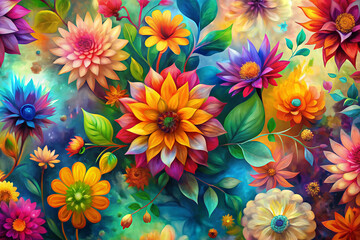 Abstract Digital Oil Painting Geometric Flowers Leaves Brush Strokes Seamless Pattern Blurred Background