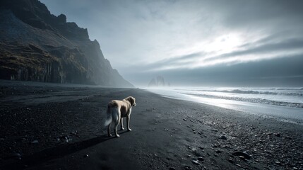 Dog on a black sand beach in Iceland, dramatic cliffs, Northern Lights in the sky
