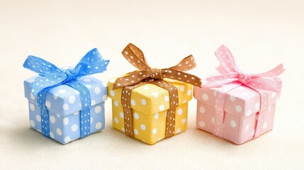 Obraz premium Colorful Gift Boxes with Ribbons in Pastel Shades on Soft Neutral Background