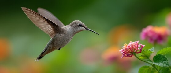 Fototapeta premium A hummingbird hovers with elegance, poised to drink nectar from a vibrant pink flower, set against a blurred, colorful background.
