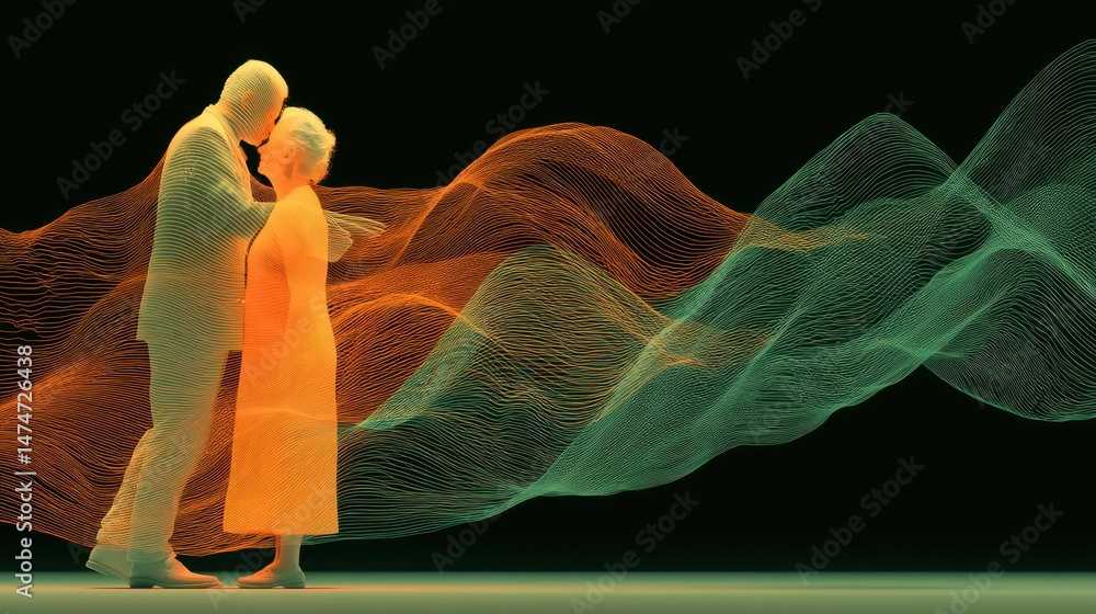 Poster technology style whit net glowing wave,glowing line glow wave,glow line , senior lovely couple embra