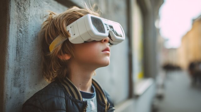 europe boy in white augmented virtual reality glasses in street , with copy space