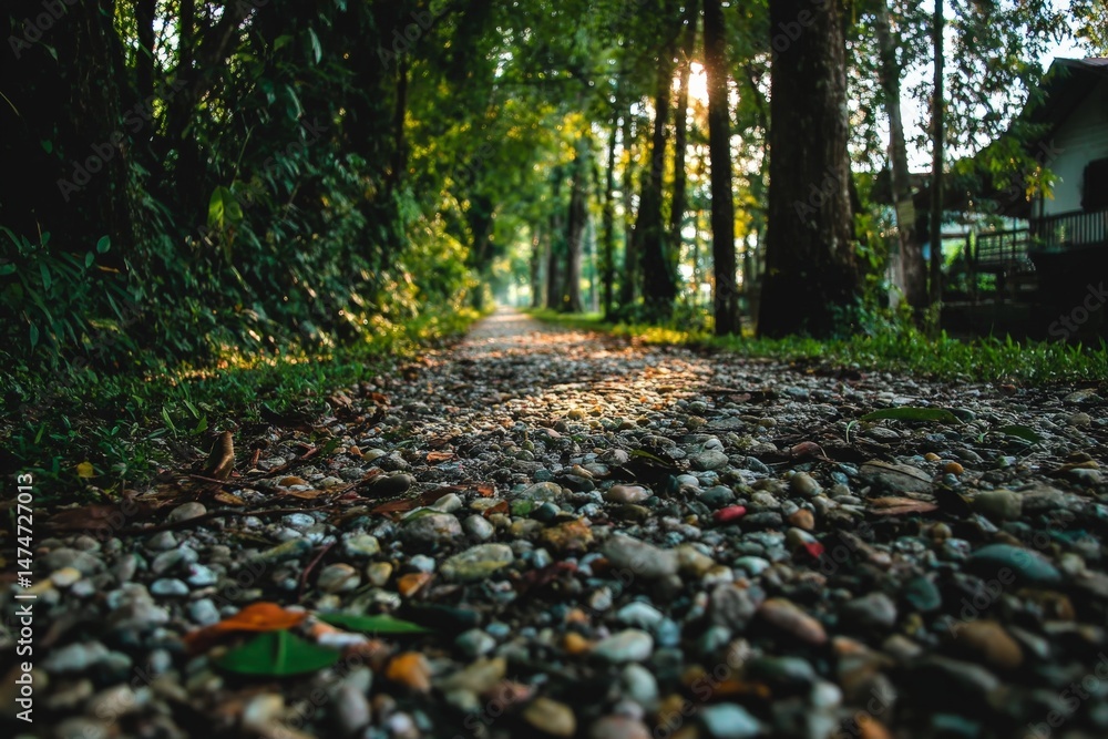 Poster Pathway through lush greenery with sunlight filtering down in a serene forest setting during the early morning hours