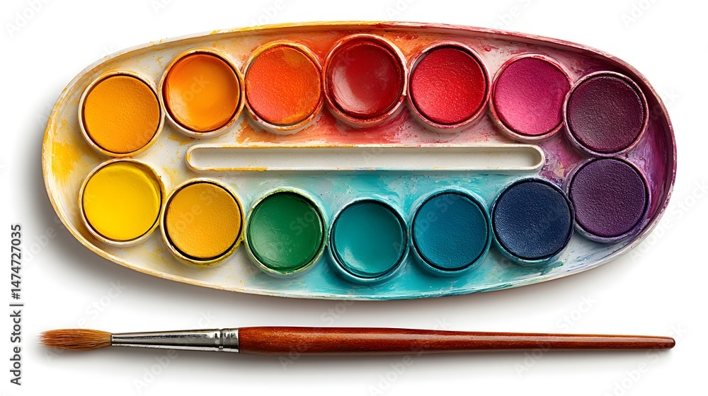 Poster colorful painting palette with a brush displaying an array of vibrant colors for artistry