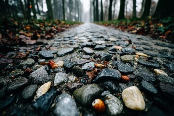Obraz premium Rain-soaked pathway lined with cobblestones and fallen leaves in a serene forest during misty morning hours