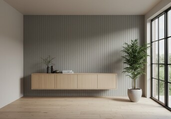 Minimalist interior with light wood cabinet against gray wall and potted plant near window frame