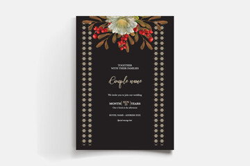 WEDDING INVITATION FRAME WITH FLOWER DECORATIONS AND FRESH LEAVES