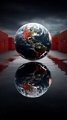 Global Trade and Shipping Earth Reflection Amidst Cargo Containers Industrial Landscape Dramatic Viewpoint
