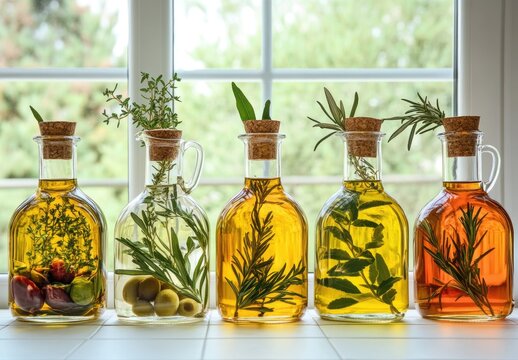 Herb-infused oils in clear glass bottles - Powered by Adobe