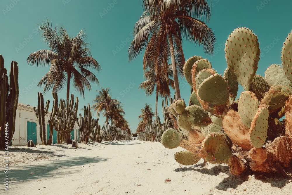 Poster serene desert pathway lined with cacti and palm trees under a clear blue sky in a sunlit tropical lo