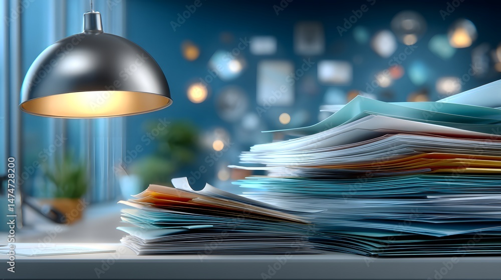 Poster desk with a pile of papers displaying a professional environment for productivity and focus