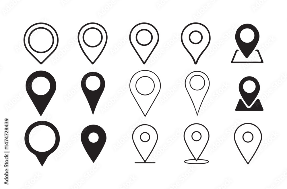Poster location icon set. map pin. gps. place marker. gps location symbol collection. set of map pin locati