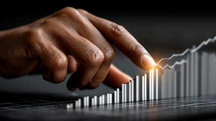 Financial Growth Hand Interacting with Rising Bar Graph in Business Environment Close-Up View Conceptual Visualization