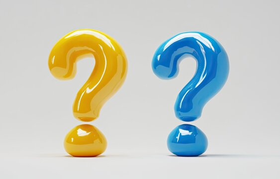 Two question marks, bright yellow and blue, on a plain background