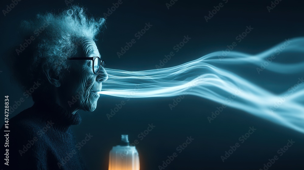 Poster technology style whit net glowing wave,glowing line glow wave,glow line , sick senior woman making inhalation with nebulizer.stock image