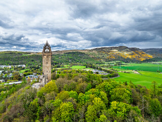 The National Wallace Monument or William Wallance Monument from a drone, Stirling, Scotland, England