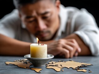 Contemplative Man with Sad Expression Gazing at Candlelit World Map Intimate Setting Emotional Portrait Photography