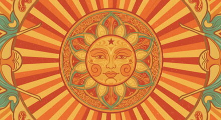 Decorative Sun Psychedelic Art Vintage Style Background perfect for posters, web design, and event invitations