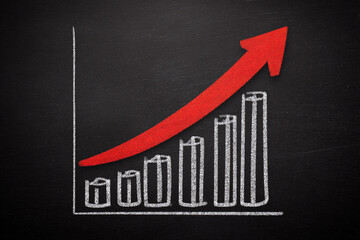 Growth chart illustrating upward trend with red arrow on chalkboard background in a business setting