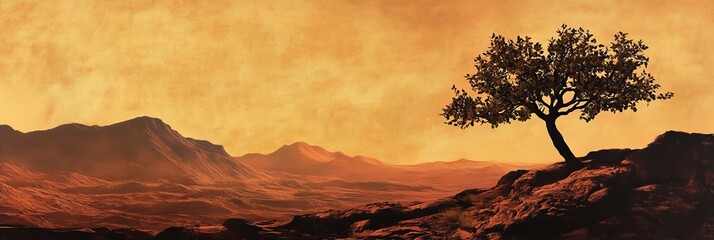 Tree on a hill with mountains in the background at sunset.