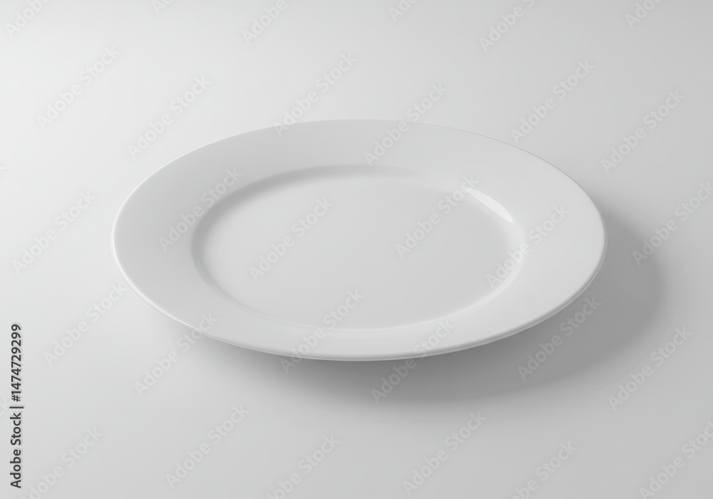 Poster a simple white ceramic plate centered on a plain white background with soft shadows and clean presen
