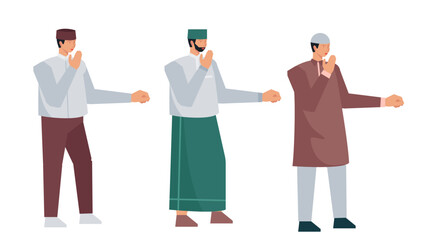 Fototapeta premium Illustration set of Islamic ramadan concept with muslim man character flat vector