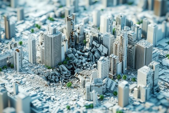 Aerial view of a devastated urban landscape with collapsed buildings and debris scattered across the ground, showcasing the aftermath of a catastrophic event in a city environment
