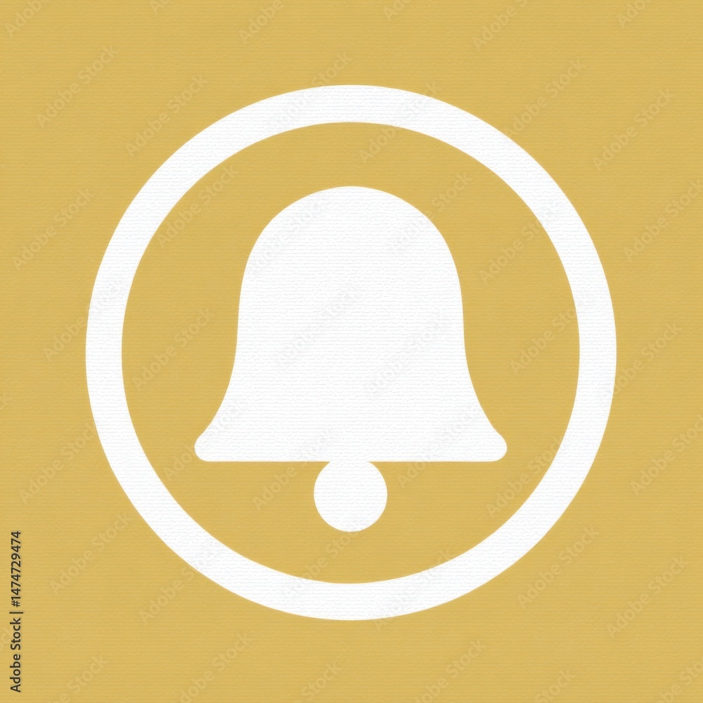 Poster white bell icon within a circle on a gold background for notifications