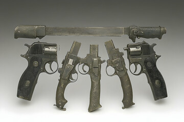 Antique Revolvers and Bayonet Displayed in a Row, Showing Wear a