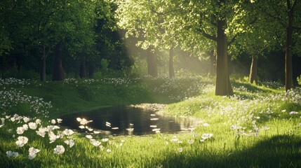 Serene forest landscape with sunlight filtering through trees, reflecting on a tranquil pond