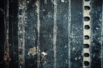 Close-up of old, dusty film strips.  Vertical grooves and perforations are visible through layers of grime and debris