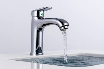 Modern chrome faucet dispensing clear water from a sink in a bright kitchen environment