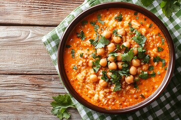 A bowl of chickpea soup with rice and cilantro on a wooden table and cloth
